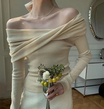 Soft Women's Off Shoulder Pullover - Draped Ribbed Knit