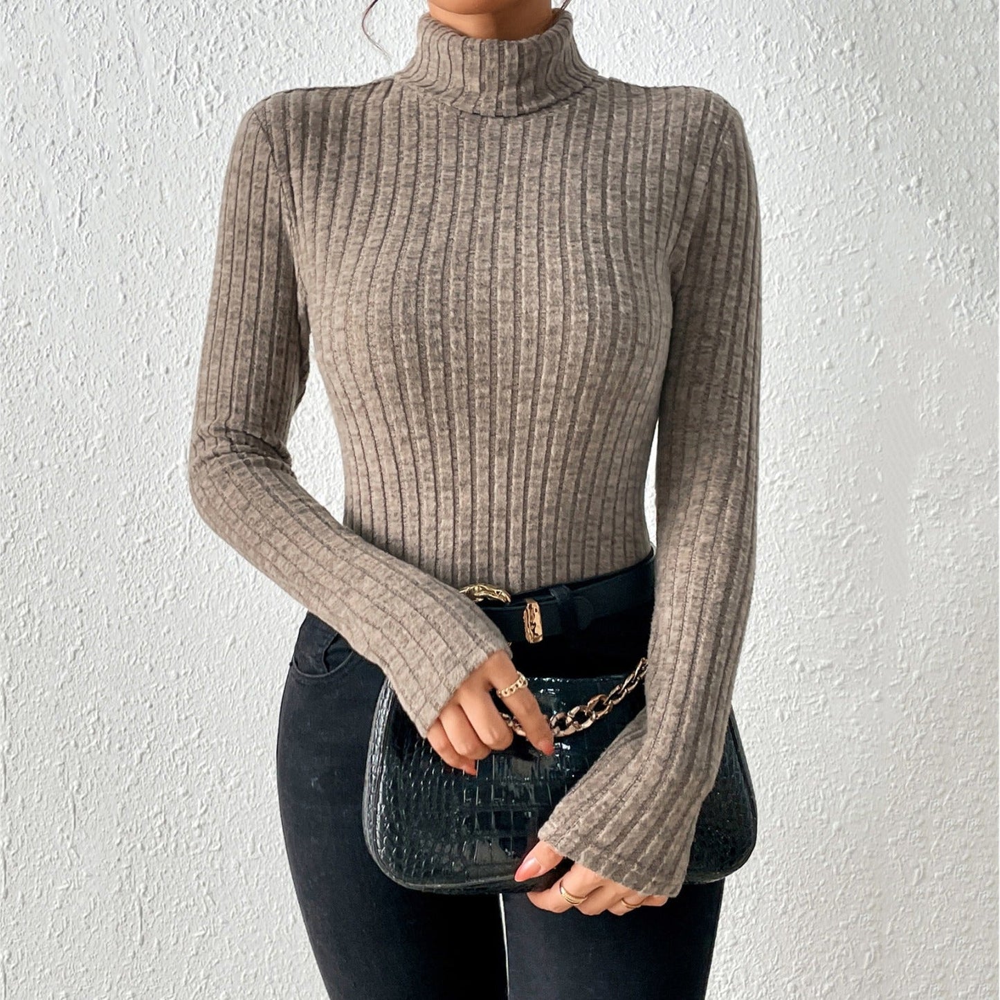 Fitted Women Turtleneck Sweater - Ribbed Knit, For Layering
