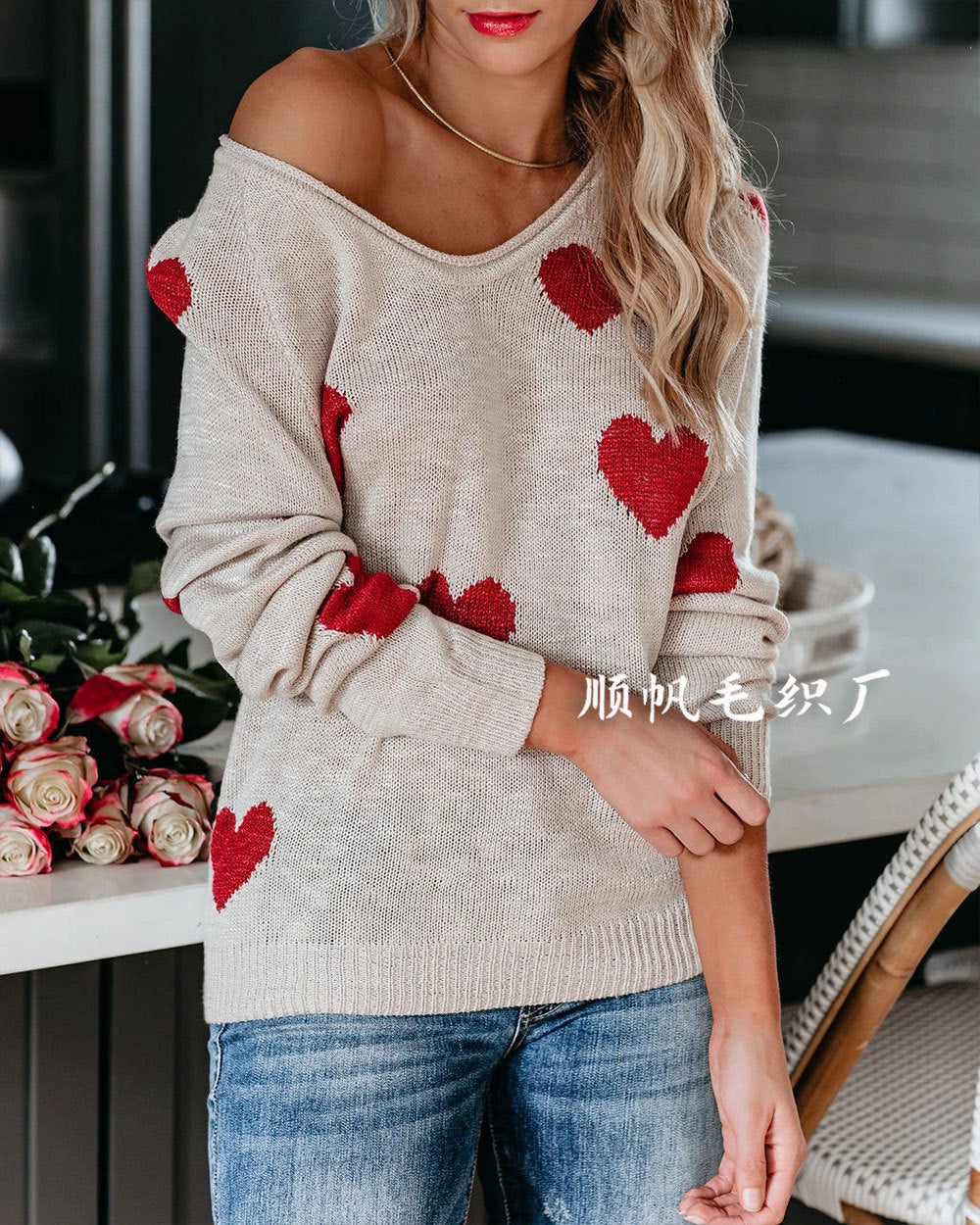 Soft Relaxed Women's Heart Sweater - V Neck, Knit, Everyday