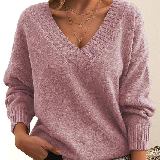 Soft Relaxed Women V-Neck Sweater - Ribbed Knit Layering