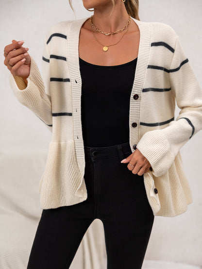 Soft Women’s Striped Cardigan - V Neck Buttoned, Knit, Fall