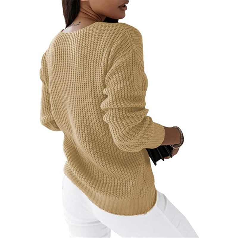 Pull tricoté chaud et confortable pour femme - Col en V torsadé, superposable