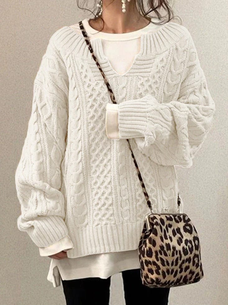 Oversized Women’s Cable Knit Sweater - V Neck, Knit Winter