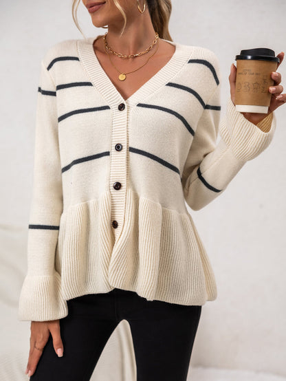 Soft Women’s Striped Cardigan - V Neck Buttoned, Knit, Fall
