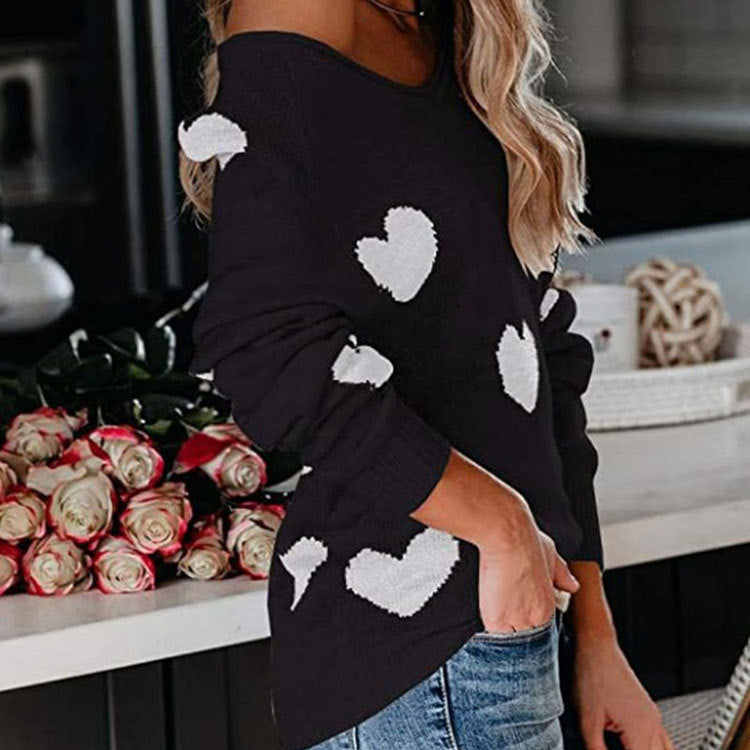 Soft Relaxed Women's Heart Sweater - V Neck, Knit, Everyday