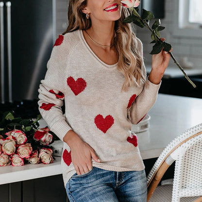 Soft Relaxed Women's Heart Sweater - V Neck, Knit, Everyday