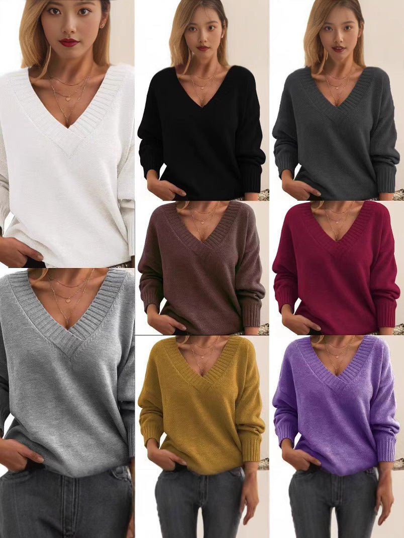 Soft Relaxed Women V-Neck Sweater - Ribbed Knit Layering