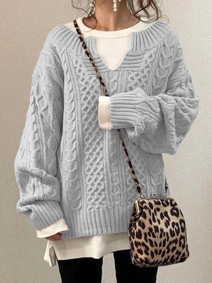 Oversized Women’s Cable Knit Sweater - V Neck, Knit Winter
