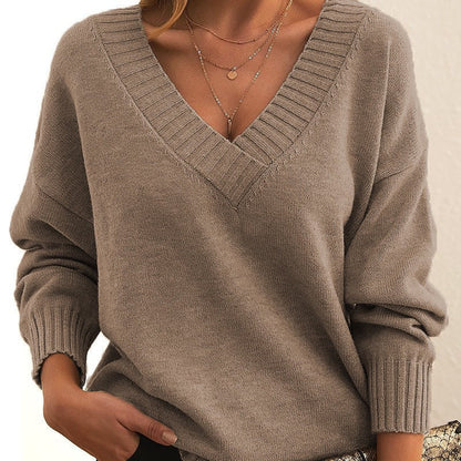 Soft Relaxed Women V-Neck Sweater - Ribbed Knit Layering