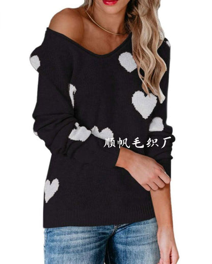 Soft Relaxed Women's Heart Sweater - V Neck, Knit, Everyday