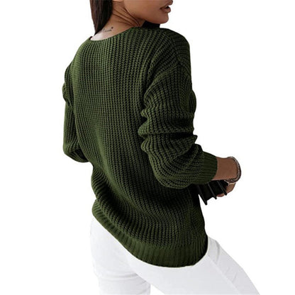 Pull tricoté chaud et confortable pour femme - Col en V torsadé, superposable