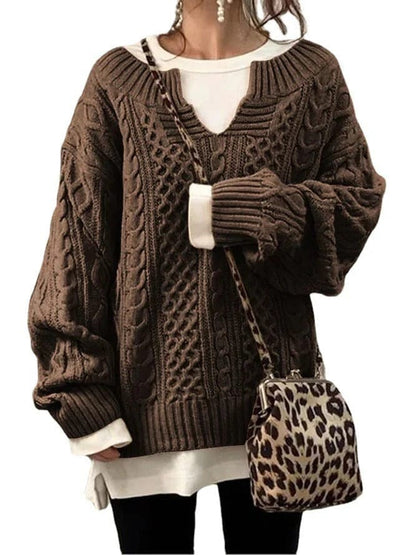 Oversized Women’s Cable Knit Sweater - V Neck, Knit Winter