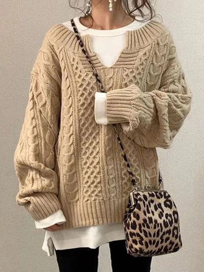 Oversized Women’s Cable Knit Sweater - V Neck, Knit Winter
