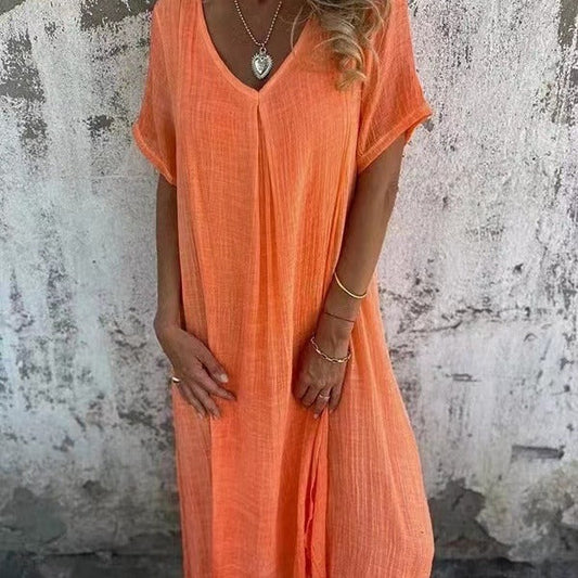 Casual Women's Summer Dress in Cotton-Linen Blend with V-Neck and Relaxed Fit, Available in Multiple Colors and Sizes-1