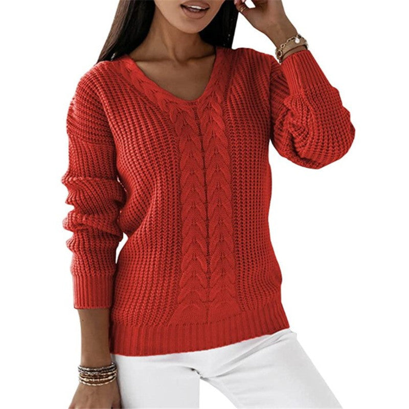 Pull tricoté chaud et confortable pour femme - Col en V torsadé, superposable