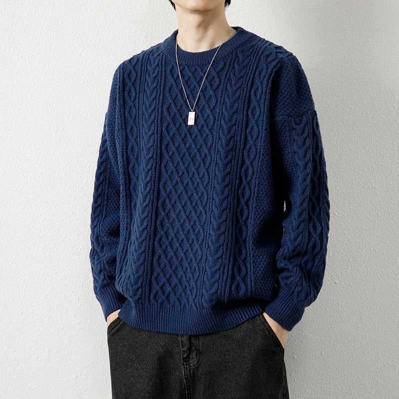 Warmer Herrenpullover mit Rundhalsausschnitt – Kabelstrick Woll-Wintermodell