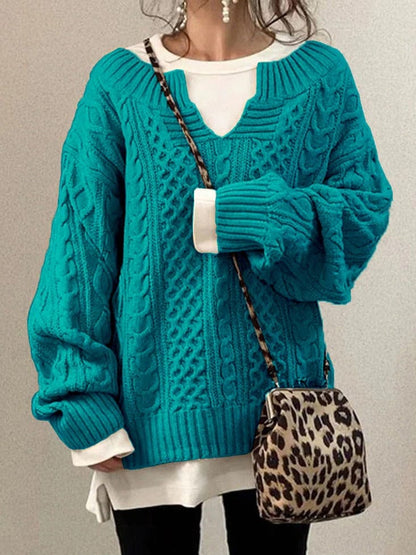 Oversized Women’s Cable Knit Sweater - V Neck, Knit Winter