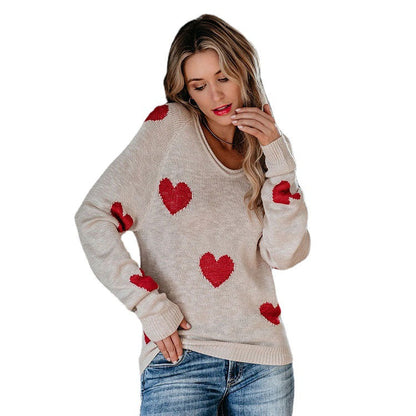 Soft Relaxed Women's Heart Sweater - V Neck, Knit, Everyday