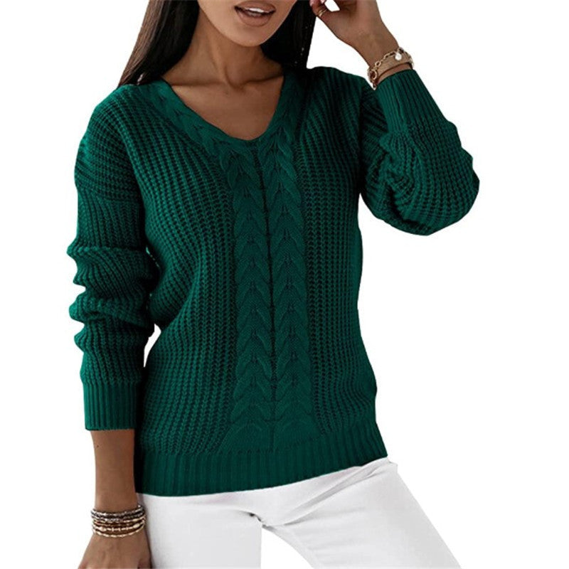 Pull tricoté chaud et confortable pour femme - Col en V torsadé, superposable