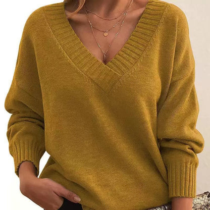 Soft Relaxed Women V-Neck Sweater - Ribbed Knit Layering