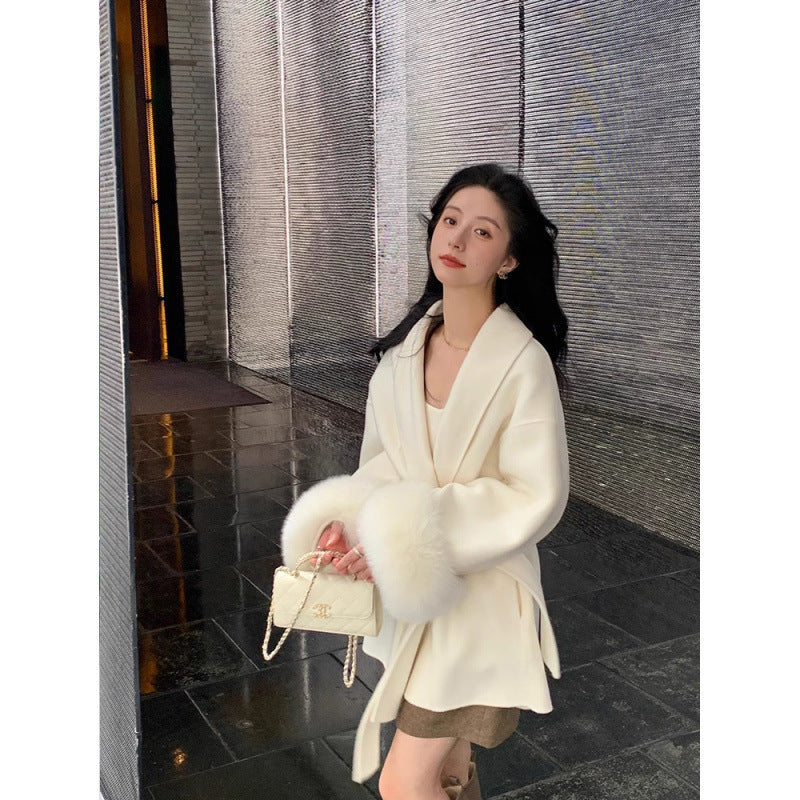 Varm lång kappa för kvinnor - sjalkrage, ull, för vinter