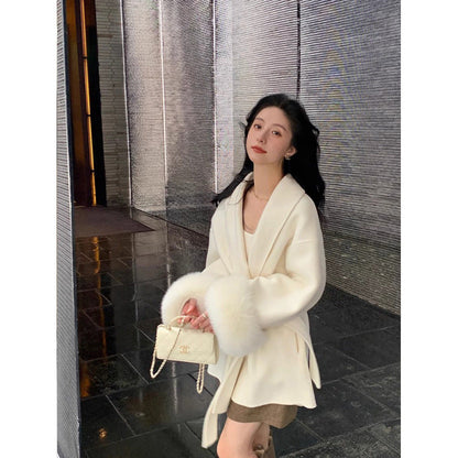 Varm lång kappa för kvinnor - sjalkrage, ull, för vinter