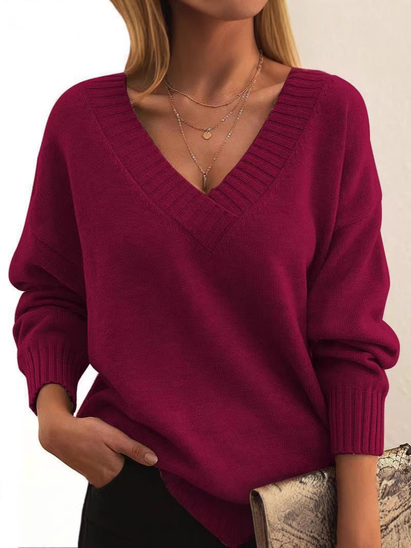 Soft Relaxed Women V-Neck Sweater - Ribbed Knit Layering