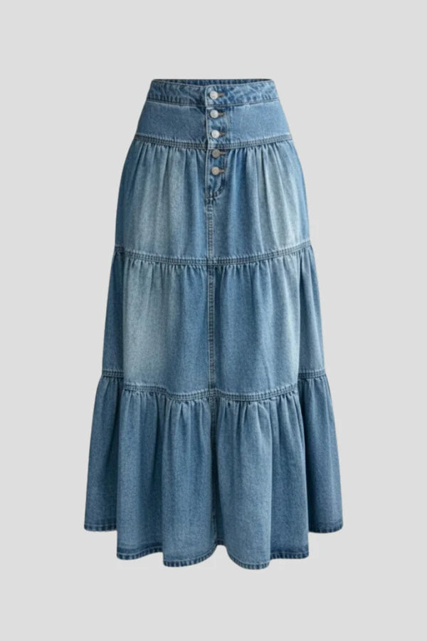Gonna in denim morbida da donna – linea a trapezio, classica lunghezza media, a balze, con bottoni frontali, denim, abbigliamento casual