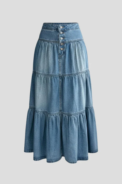Gonna in denim morbida da donna – linea a trapezio, classica lunghezza media, a balze, con bottoni frontali, denim, abbigliamento casual