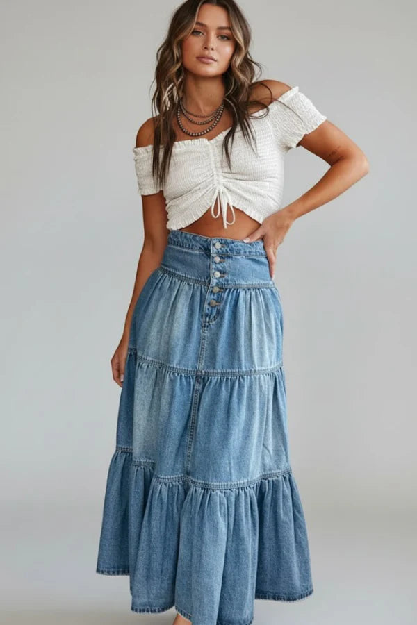 Gonna in denim morbida da donna – linea a trapezio, classica lunghezza media, a balze, con bottoni frontali, denim, abbigliamento casual