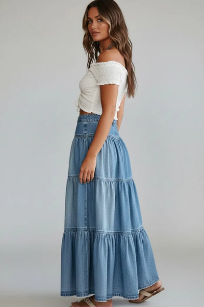 Gonna in denim morbida da donna – linea a trapezio, classica lunghezza media, a balze, con bottoni frontali, denim, abbigliamento casual
