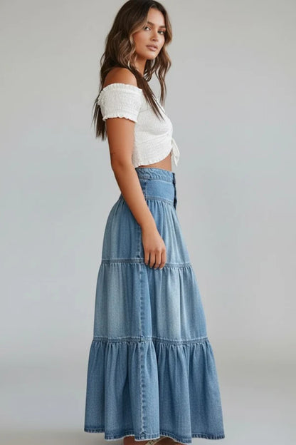 Gonna in denim morbida da donna – linea a trapezio, classica lunghezza media, a balze, con bottoni frontali, denim, abbigliamento casual