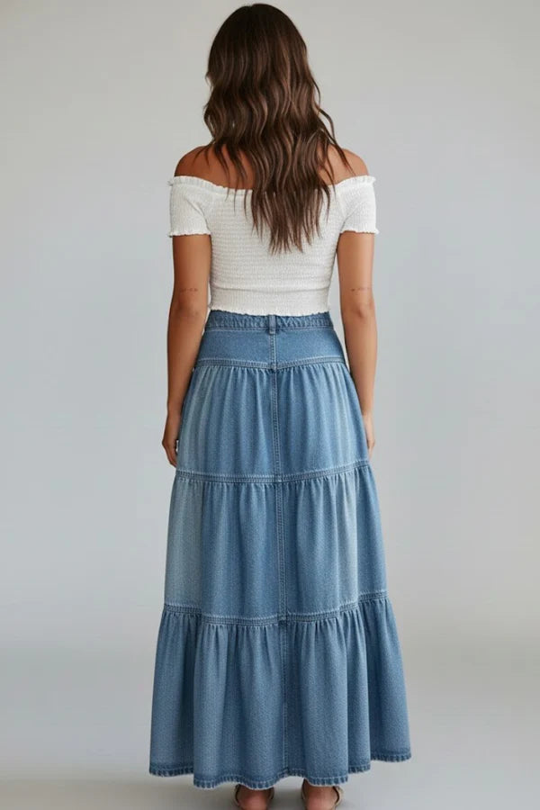 Gonna in denim morbida da donna – linea a trapezio, classica lunghezza media, a balze, con bottoni frontali, denim, abbigliamento casual
