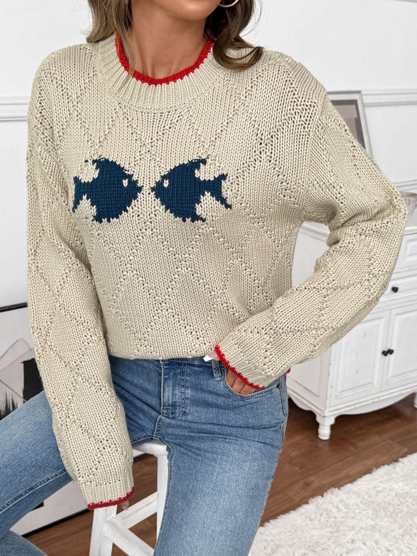 Soft Women's Fish Sweater - Crewneck Knit, Cotton Blend