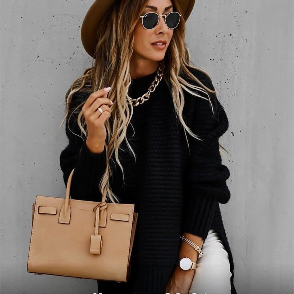 Pull tricoté oversize confortable pour femme - Col montant, hiver