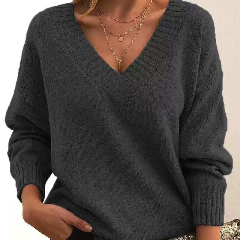 Soft Relaxed Women V-Neck Sweater - Ribbed Knit Layering