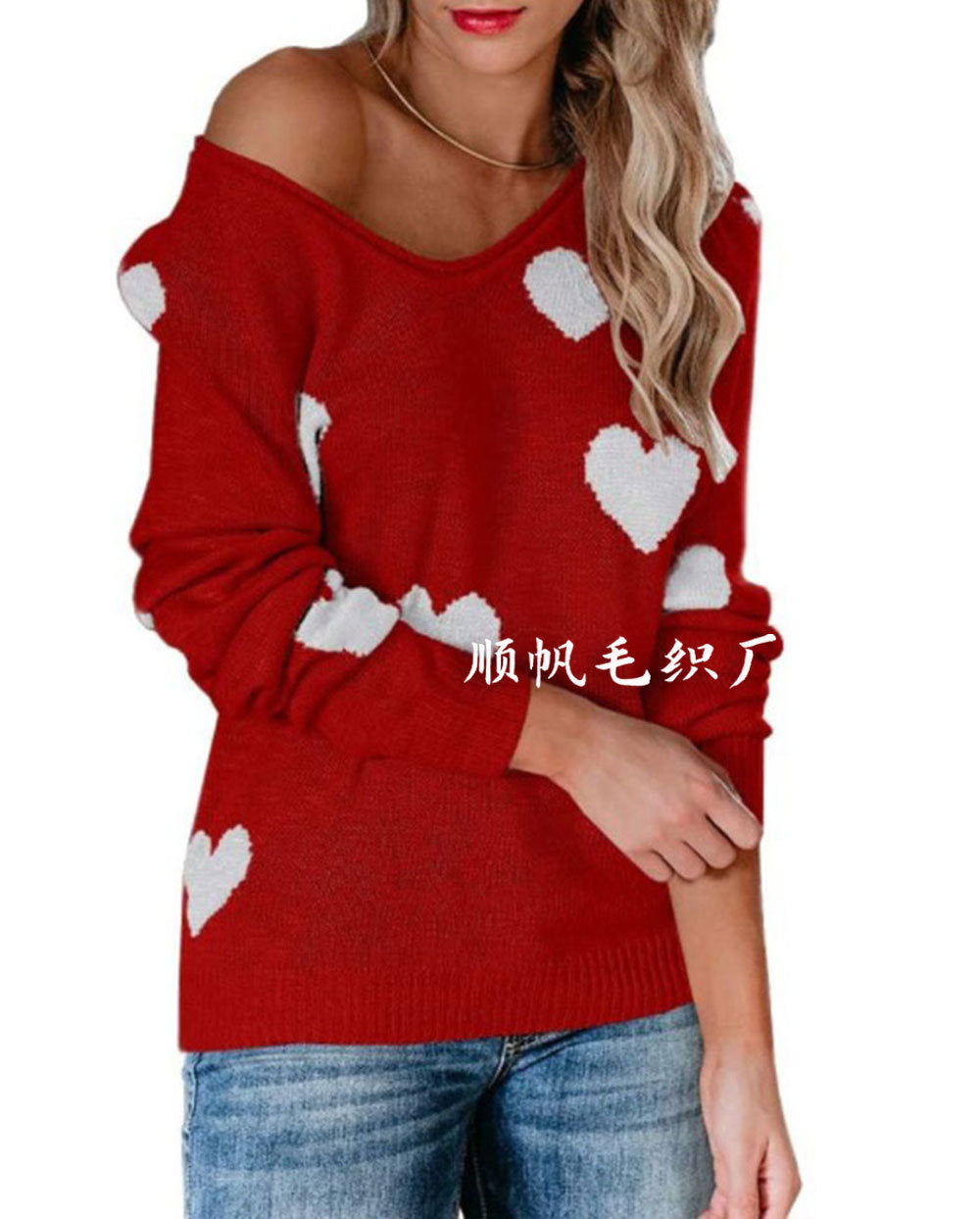Soft Relaxed Women's Heart Sweater - V Neck, Knit, Everyday