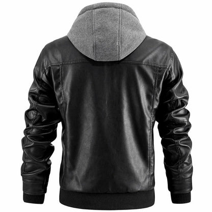 Warm Mens Leather Hooded Jacket - Bomber, Cold Weather