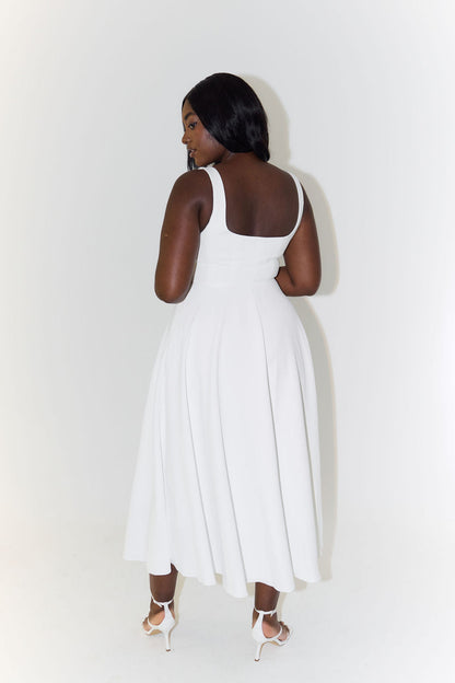 Elegant White Midi Dress for Women, Long Sleeve Flattering Silhouette, Lightweight and Versatile for Any Occasion-6