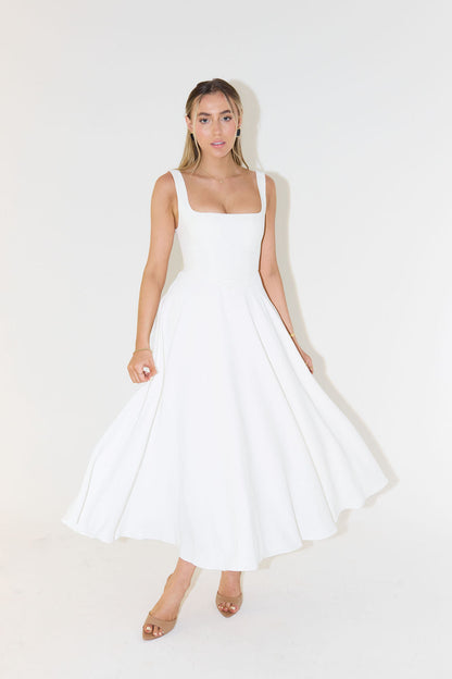 Elegant White Midi Dress for Women, Long Sleeve Flattering Silhouette, Lightweight and Versatile for Any Occasion-2