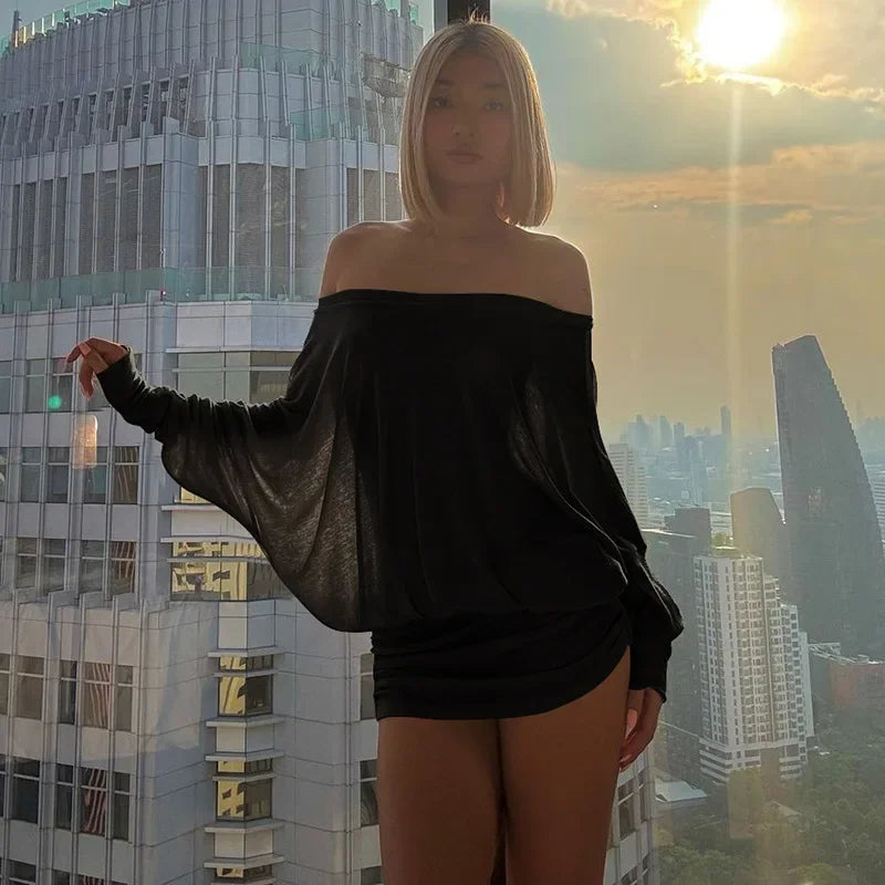 Off Shoulder Sheer Mini Dress with Long Sleeves and Ruched Bodycon Fit for Women 0
