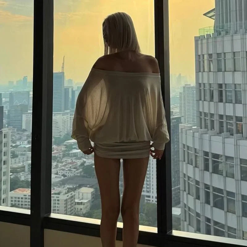 Off Shoulder Sheer Mini Dress with Long Sleeves and Ruched Bodycon Fit for Women 1