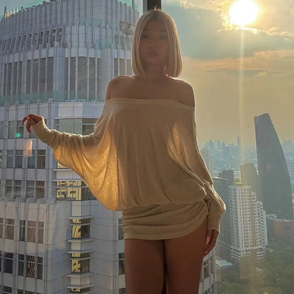 Off Shoulder Sheer Mini Dress with Long Sleeves and Ruched Bodycon Fit for Women 2