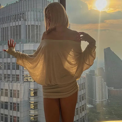 Off Shoulder Sheer Mini Dress with Long Sleeves and Ruched Bodycon Fit for Women 3