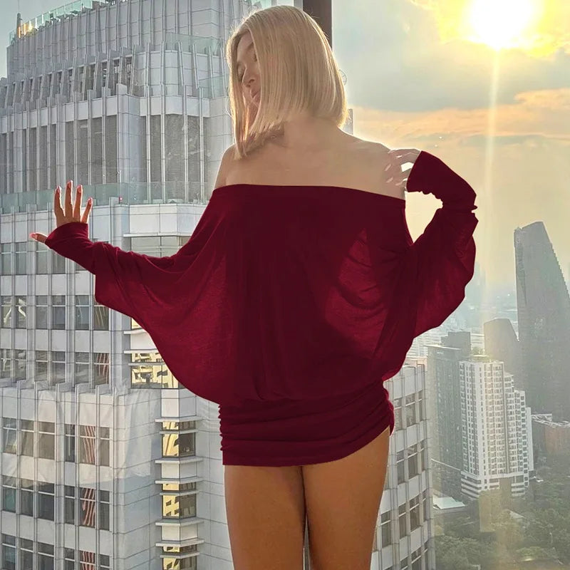 Off Shoulder Sheer Mini Dress with Long Sleeves and Ruched Bodycon Fit for Women 6