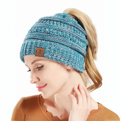 Warm Cozy Women's Ponytail Beanie - Ribbed Knit, Winter