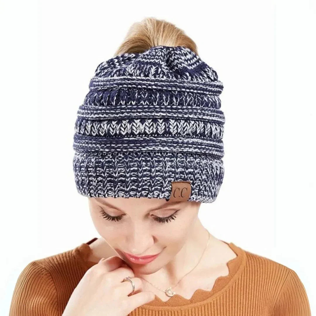 Warm Cozy Women's Ponytail Beanie - Ribbed Knit, Winter