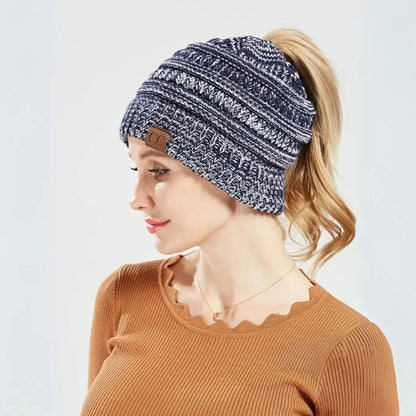 Warm Cozy Women's Ponytail Beanie - Ribbed Knit, Winter