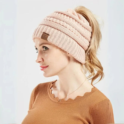 Warm Cozy Women's Ponytail Beanie - Ribbed Knit, Winter