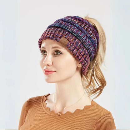 Warm Cozy Women's Ponytail Beanie - Ribbed Knit, Winter